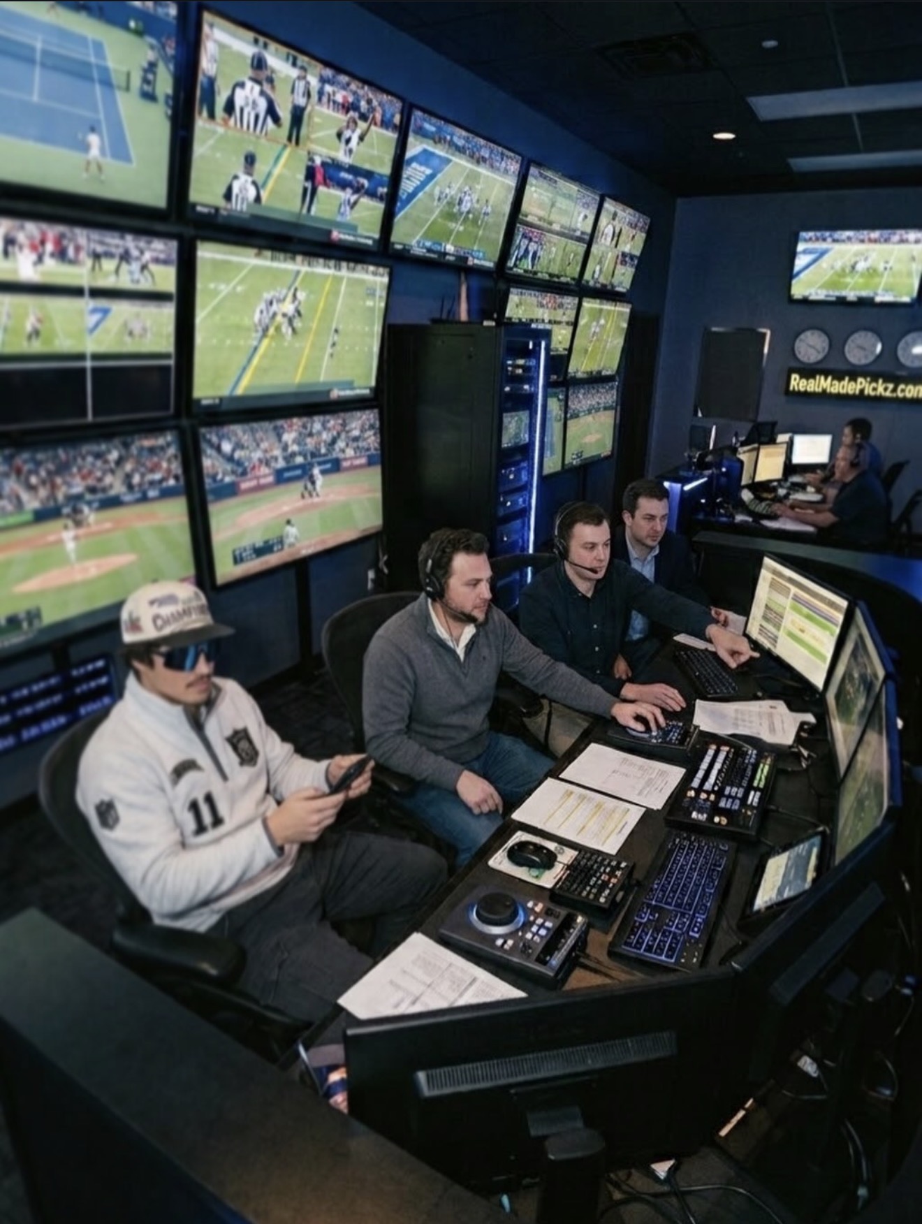 RealMadePickz.com founder working in a sports media control room